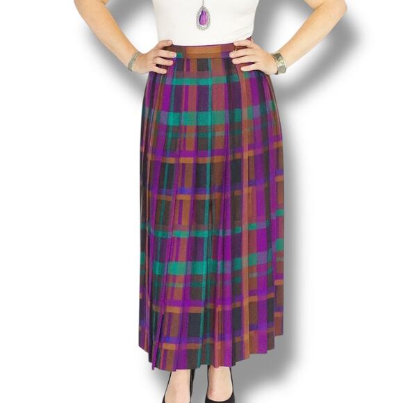 Vintage Christian Dior 80s Purple Plaid Wool Pleated Maxi Skirt Holiday Longline - Picture 2 of 11